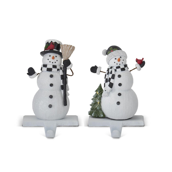 White Glittered Woodgrain Snowman Stocking Holders