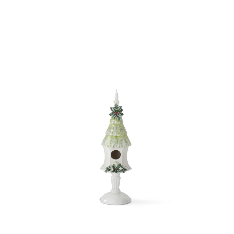 White & Green Glittered Birdhouse Pedestal