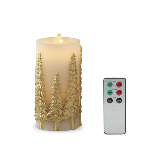 Decorative candle with gold tree design and remote control on a white background