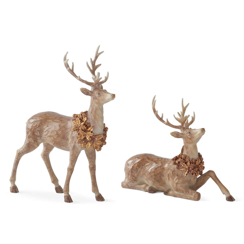 Faux Wood Deer and Gold Wreath Figurines