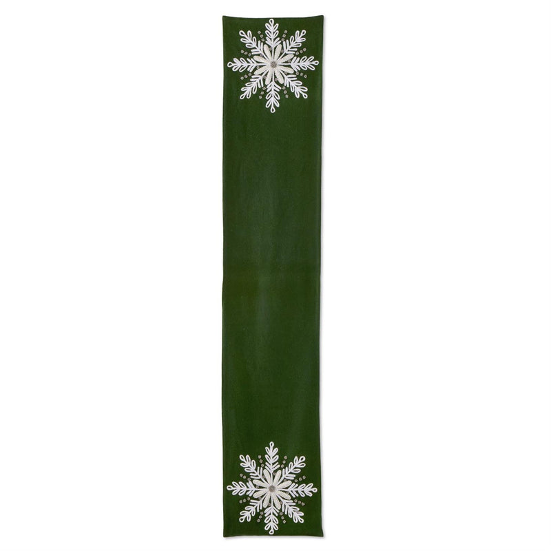 Green Wool Table Runner with White Beaded Snowflake - 72"