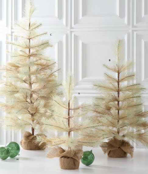 Three decorative trees with burlap bases and green ornaments on a white surface.