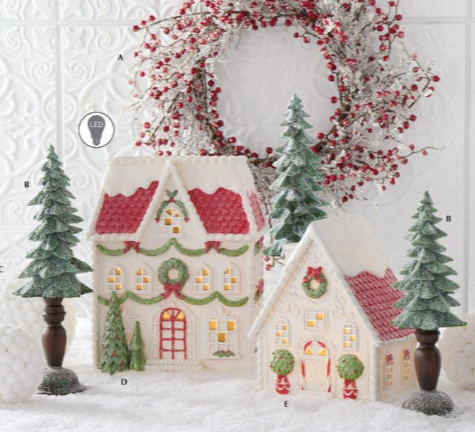 Decorative Christmas houses with lights, wreaths, and trees on a white background.