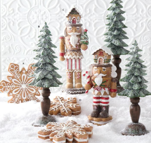 Decorative Christmas nutcrackers, trees, and gingerbread cookies on a textured white background