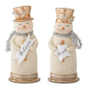 Two decorative snowmen with top hats holding signs on a white background