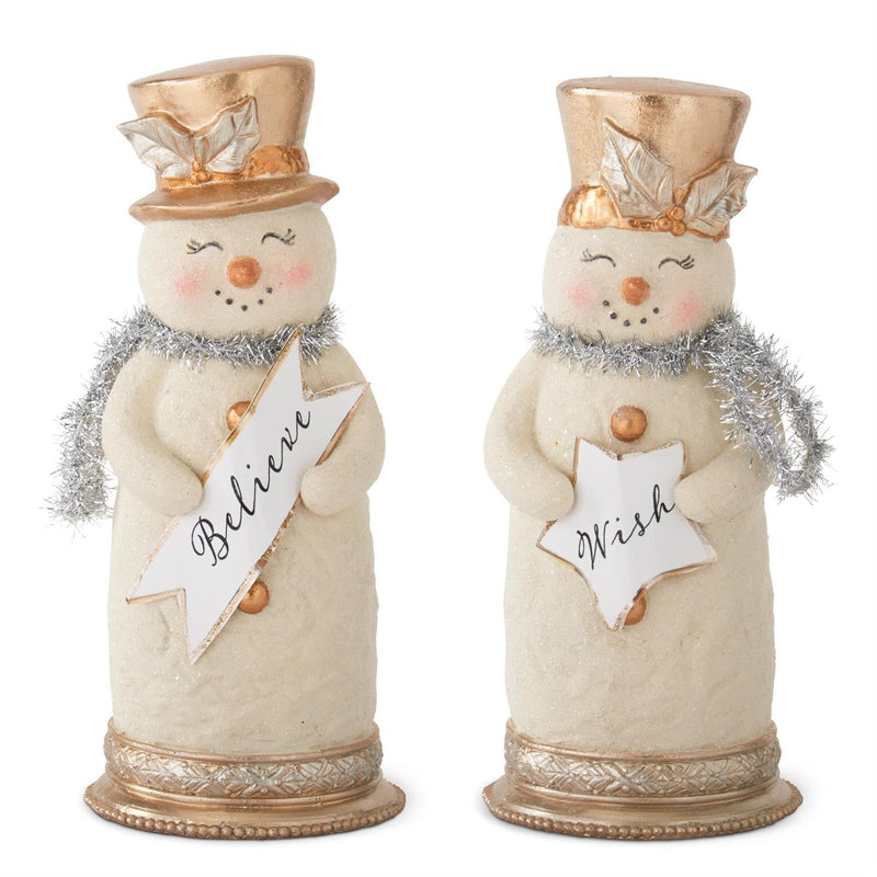 Two decorative snowmen with top hats holding signs on a white background