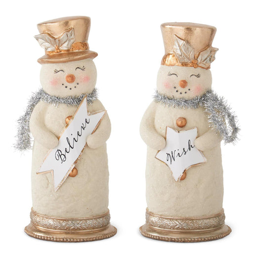 Two decorative snowmen with top hats holding signs on a white background