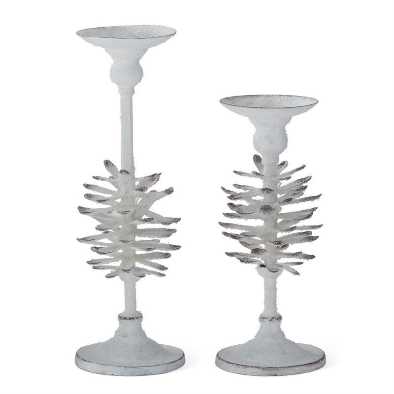 White Glittered Flocked Pinecone Candle Holders
