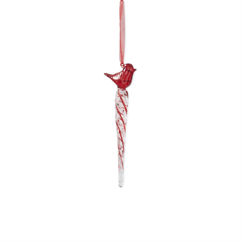 Red & Clear Glass Icicle Ornament w/Red Bird