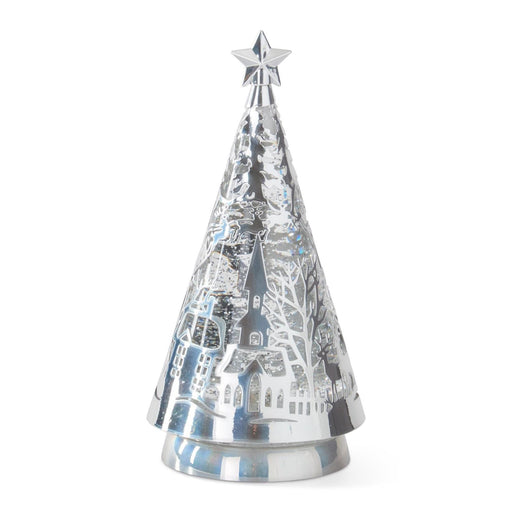 A silver LED tree with a winter scene design, featuring a star on top and a circular base.
