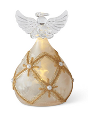 Decorative angel figurine with gold patterns and pearl accents on a white background