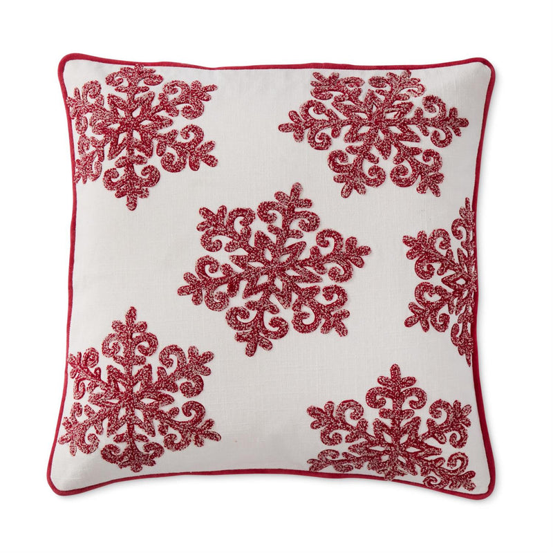 Cream Cotton Pillow with Red and Cream Embroidered Snowflakes