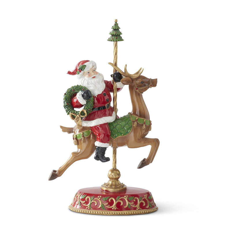 Decorative figure of Santa Claus riding a reindeer with a wreath, on a white background.