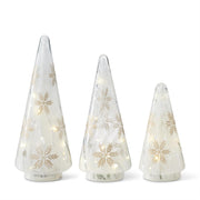 Set of three cone-shaped lights with snowflake patterns on a white background