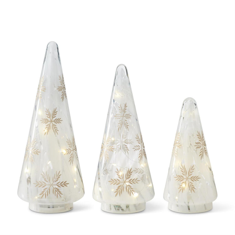 Set of three cone-shaped lights with snowflake patterns on a white background