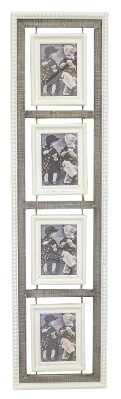 A vertical four-frame picture frame with a textured gray and white border, holding four square photos of children.