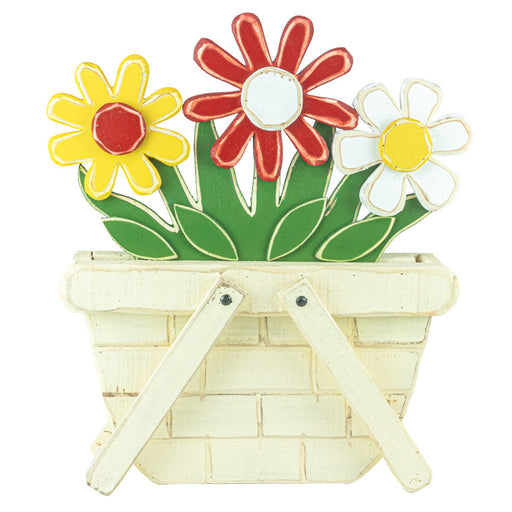 A decorative wooden basket wall hanging with three colorful flowers in yellow, red, and white, set against a plain white background.