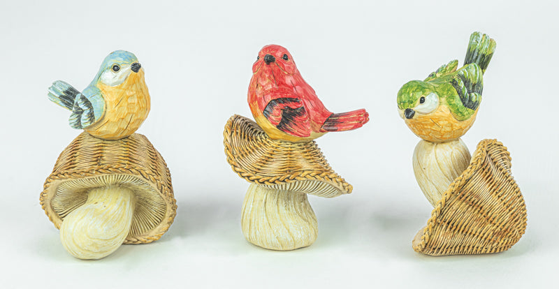 Feathered Friends Wicker Cap Mushroom Figurines