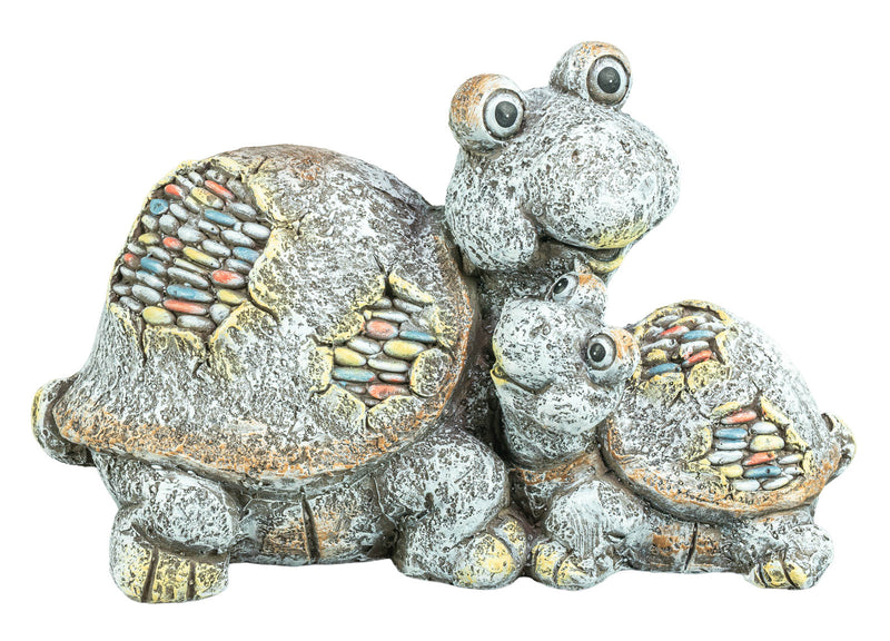 A decorative garden sculpture of a large turtle with a smaller turtle nestled under it, both with textured gray shells and backs decorated with multicolored mosaic accents, isolated on a white background.