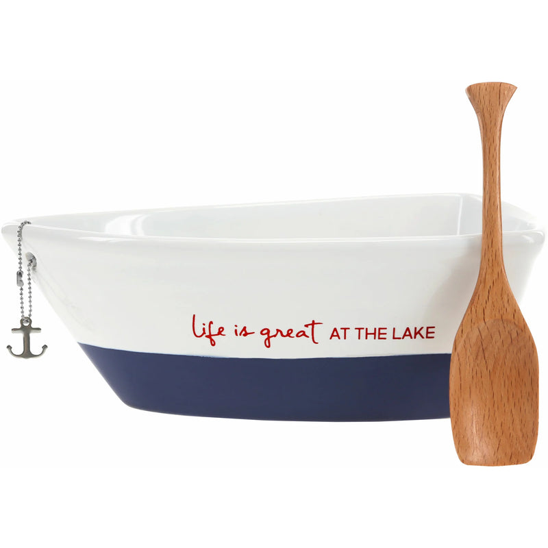White ceramic boat with blue bottom and wooden oar, featuring 'Life is great at the lake' text.