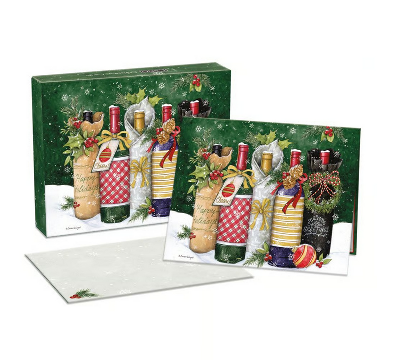 Two Christmas-themed greeting cards with wine bottle designs on a white background.