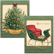 Two Christmas-themed cards featuring a decorated tree and a sleigh with presents.