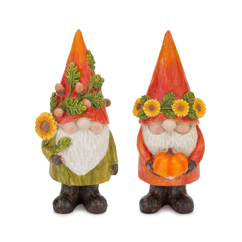 Two autumn-themed gnomes with colorful hats and holding seasonal items on a white background