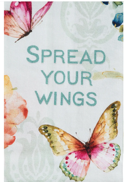 Motivational towel with butterflies and 'Spread Your Wings' text on a floral background