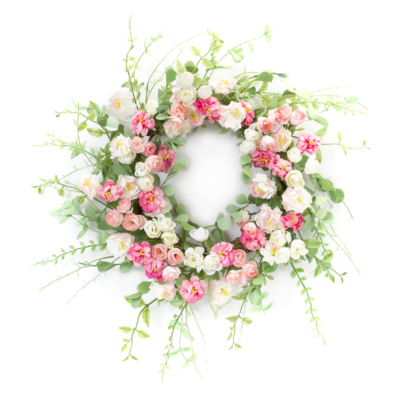Floral wreath with pink, white, and green flowers on a white background