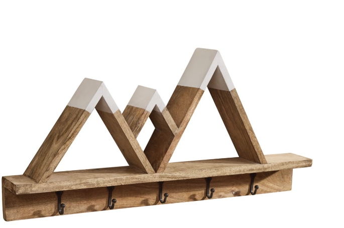 Wooden shelf with geometric design and hooks on a white background