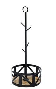Black metal coat rack with circular base on a white background