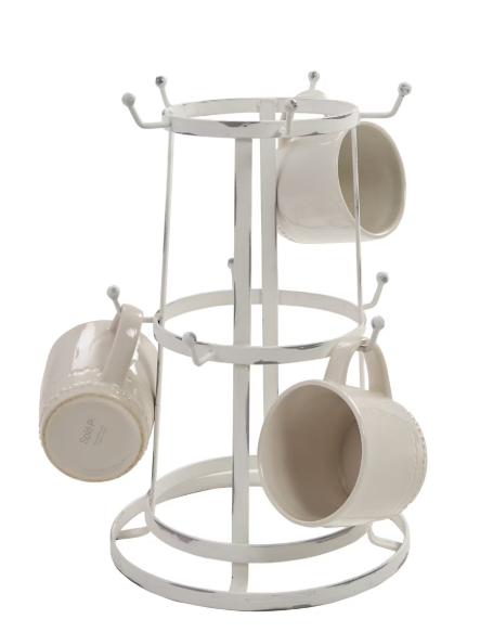White mug rack with four white mugs on a white background