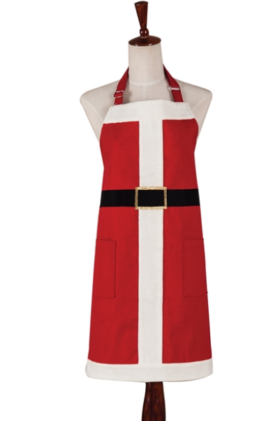 Red and white apron with a black belt on a mannequin against a white background