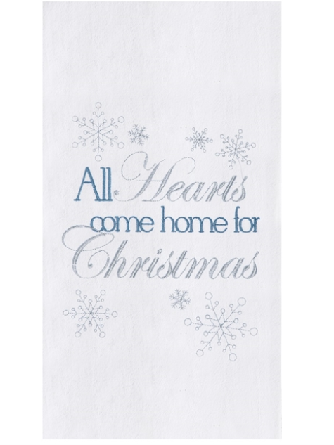 White towel with blue text and snowflake designs on a white background