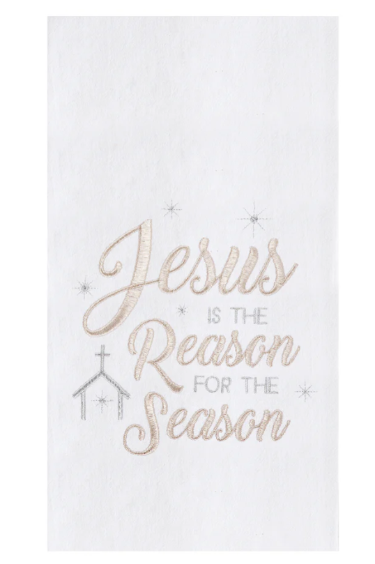 White cotton kitchen towel with gold and silver embroidery, featuring the text 'JESUS IS THE REASON FOR THE SEASON' and a nativity motif with stars.