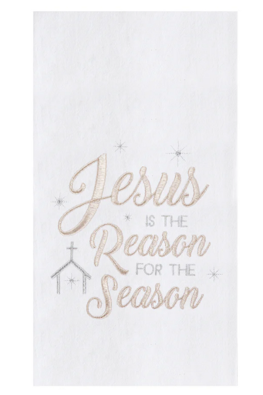 White cotton kitchen towel with gold and silver embroidery, featuring the text 'JESUS IS THE REASON FOR THE SEASON' and a nativity motif with stars.