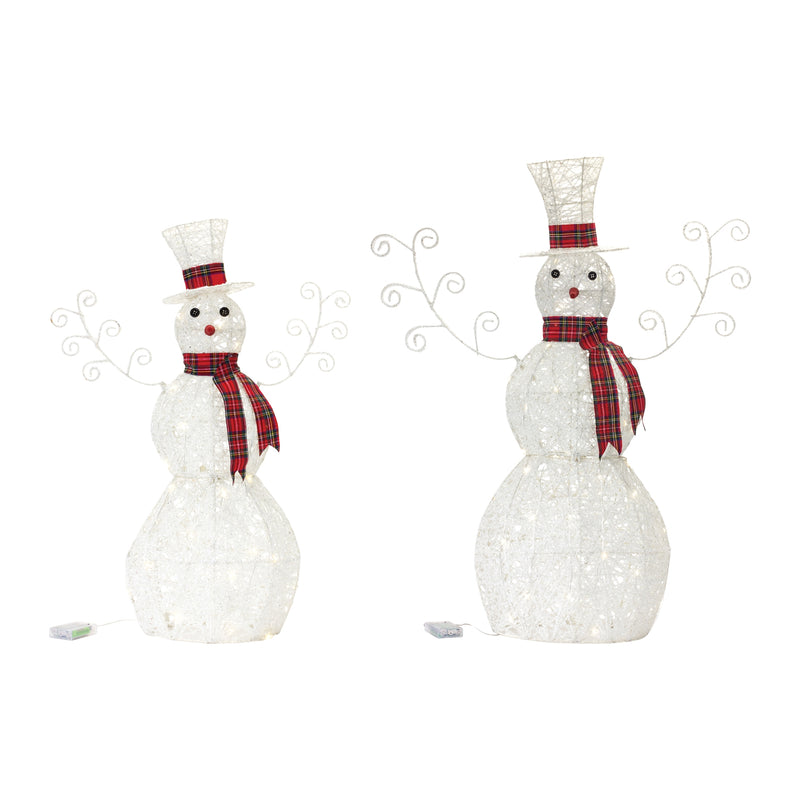 Two LED snowman decorations with plaid scarves on a white background