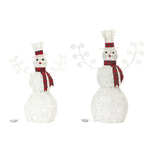 Two LED snowman decorations with plaid scarves on a white background