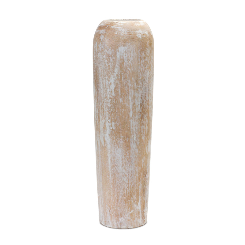 Tall cylindrical vase with a textured surface on a white background