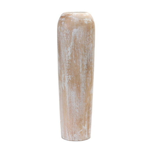 Tall cylindrical vase with a textured surface on a white background
