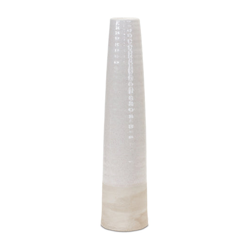 Tall, cylindrical vase with a textured surface on a white background