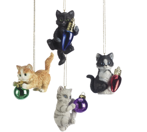Four cat-shaped Christmas ornaments with colorful bulbs on a white background