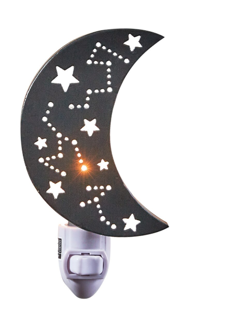 Moon-shaped night light with star patterns on a white background
