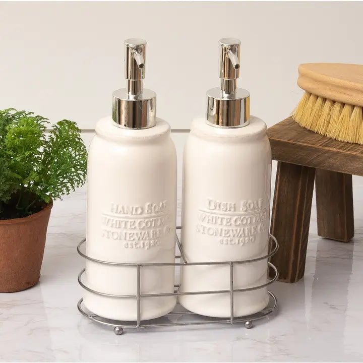 White Cottage Cream Soap and Lotion Dispenser Set