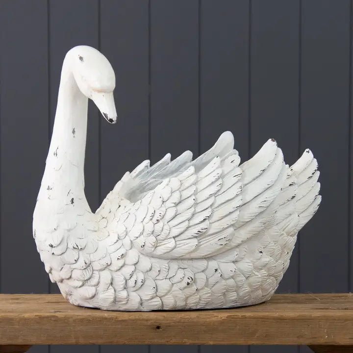 White Distressed Swan Planter