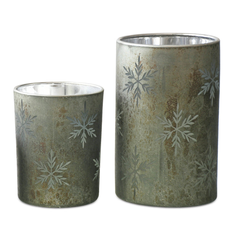 Green and Snowflake Candle Holder Set