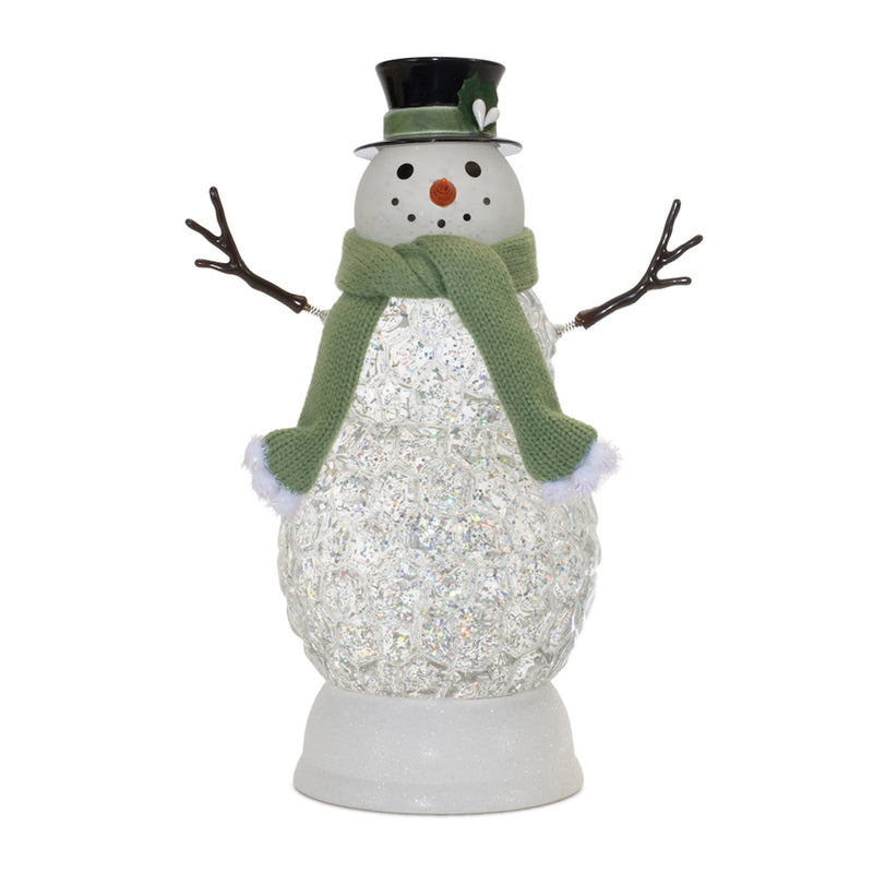 Decorative snowman with a green scarf and top hat on a white background