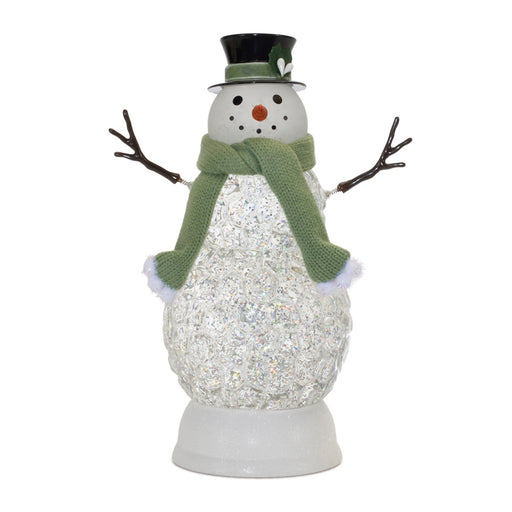 Decorative snowman with a green scarf and top hat on a white background
