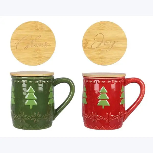Ceramic Woodland Lodge Mug with Wood Lid/Coaster Set