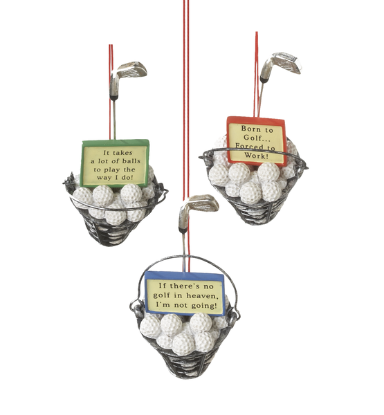 Golf-themed decorative items with golf balls, clubs, and humorous signs on a white background.